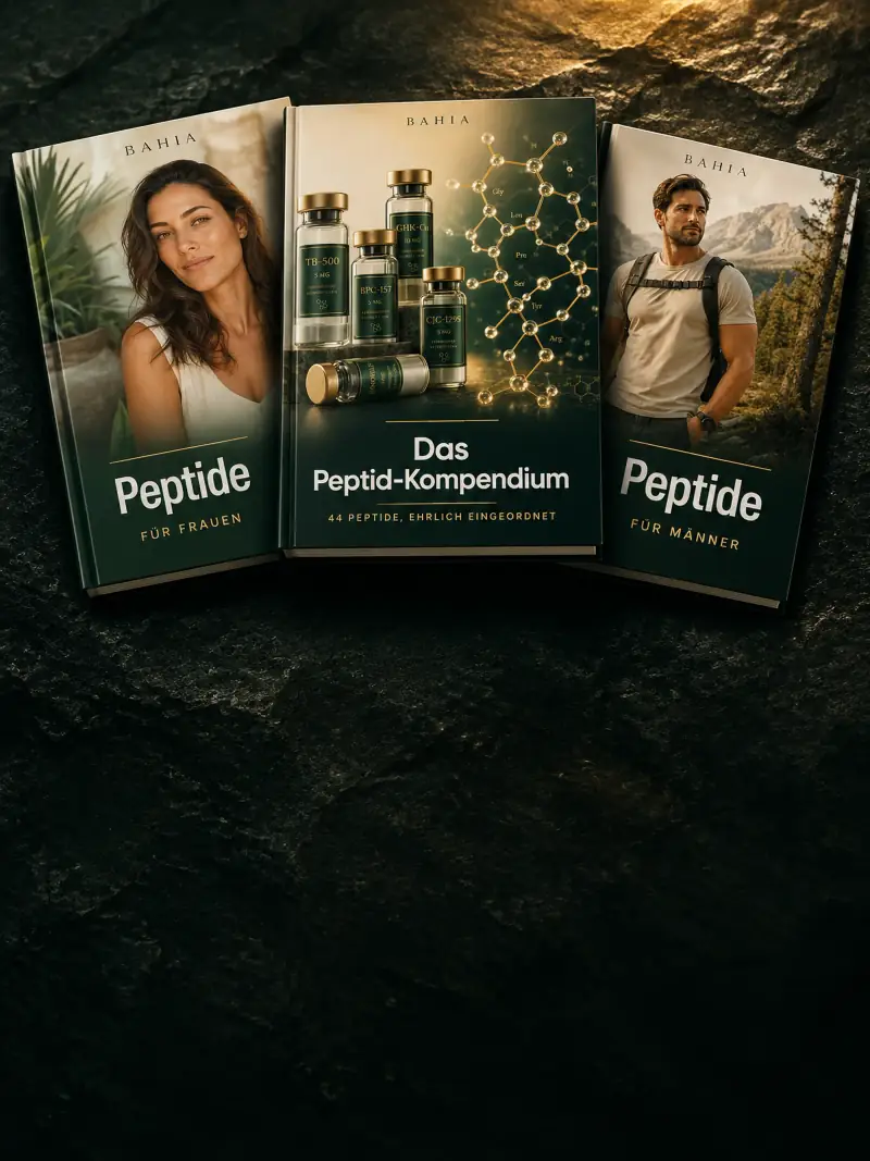 Die drei Peptid-Bücher auf dunklem Stein
